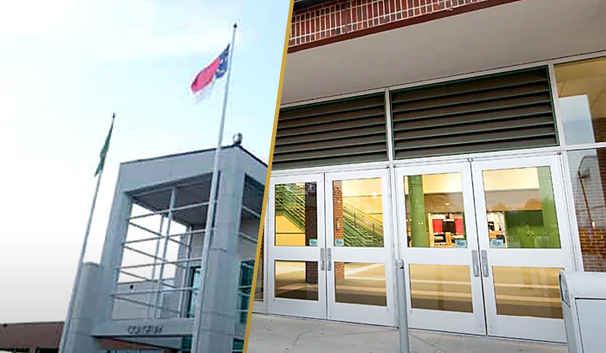 The Greensboro Coliseum Complex exterior with its flagpoles, and the Special Events Center entrance doors