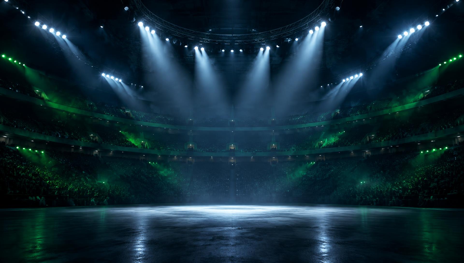 A packed arena under bright spotlights